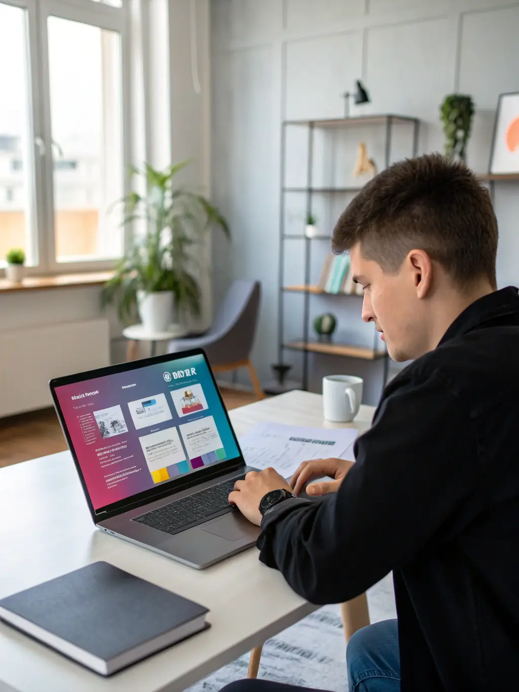 A professional headshot of a job seeker, smiling confidently, next to a modern, clean website design mockup on a laptop screen, symbolizing a strong online presence.